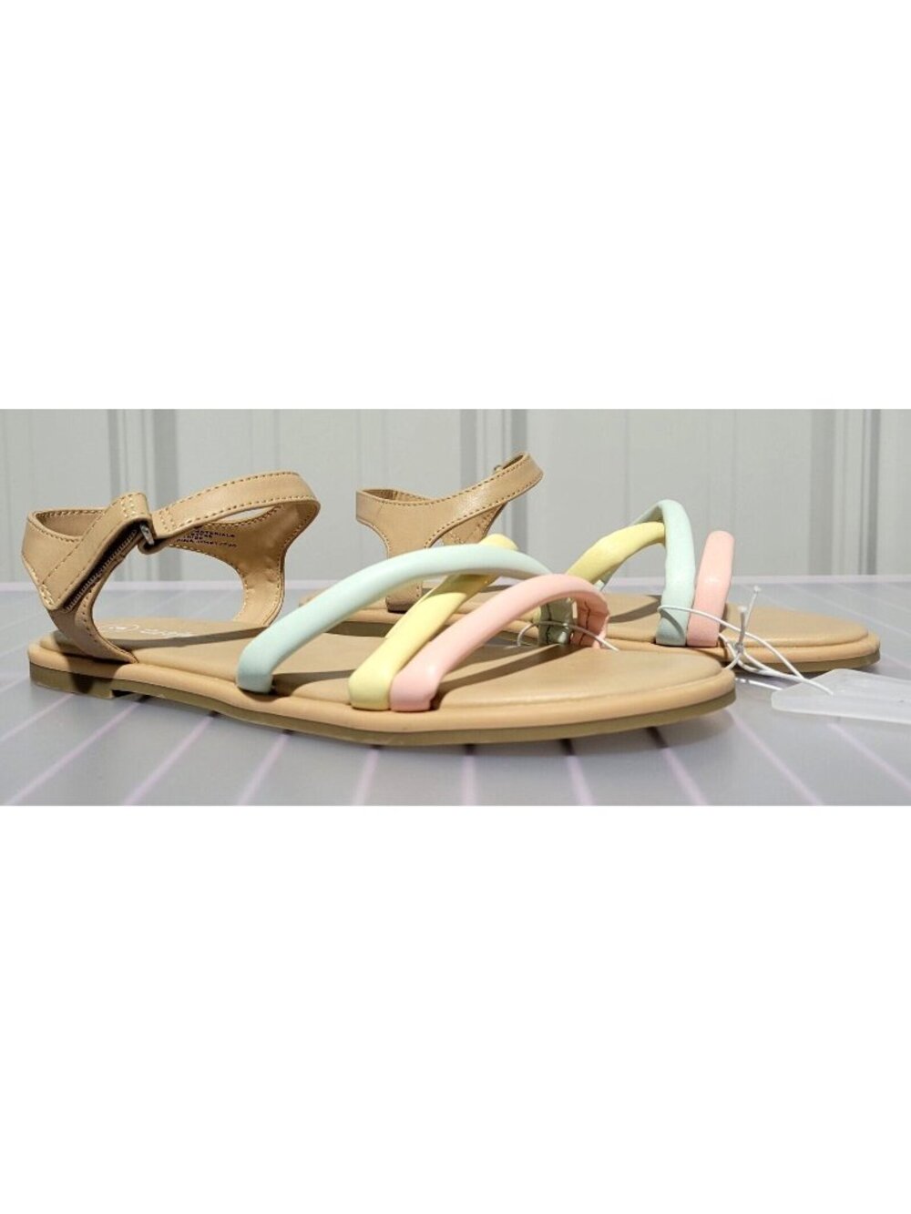 Big Girls' Footbed Sandals Size 5 Cat & Jack Anja Pink Yellow Green Pastel Strap - Picture 1 of 6